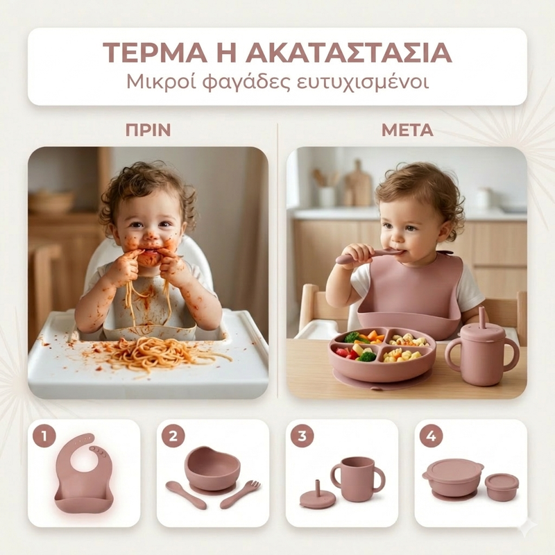 Σετ Σίτισης Μωρού Σιλικόνης 8 Τεμαχίων — Χωρίς BPA